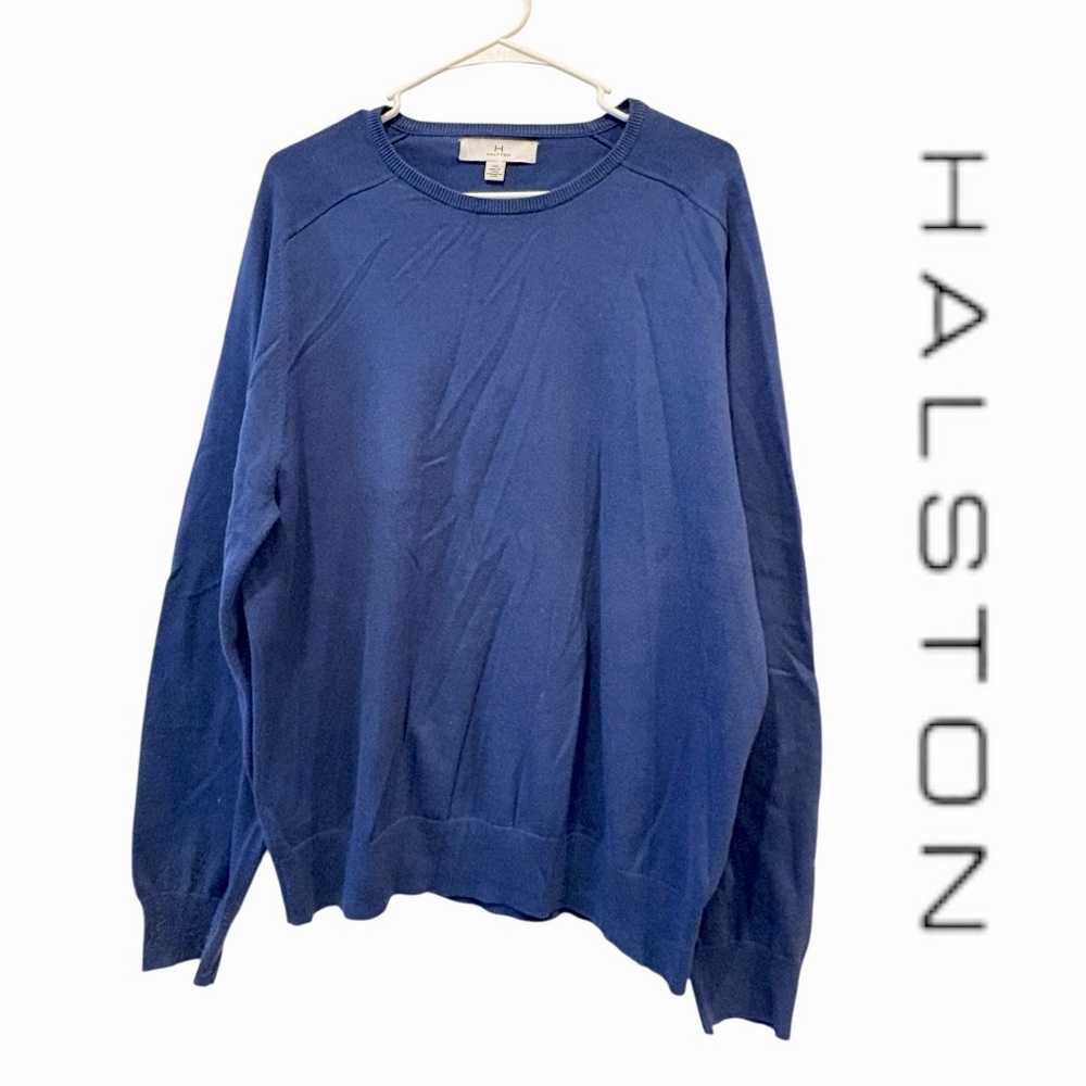 Halston Blue Crewneck Sweater with Elbow Patches, Large